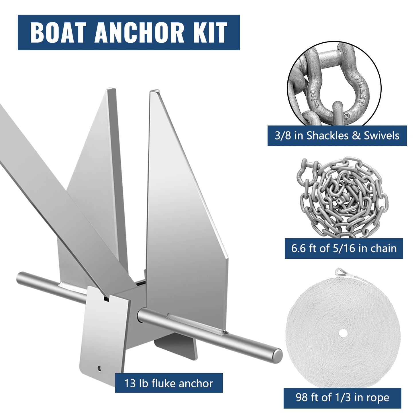 VEVOR 13 LB / 6 KG Boat Fluke Anchor Kit Fit for Smaller 20-32 FT Boats with 98 FT Nylon Rope Chain 2 PCS Shackles and Swivels