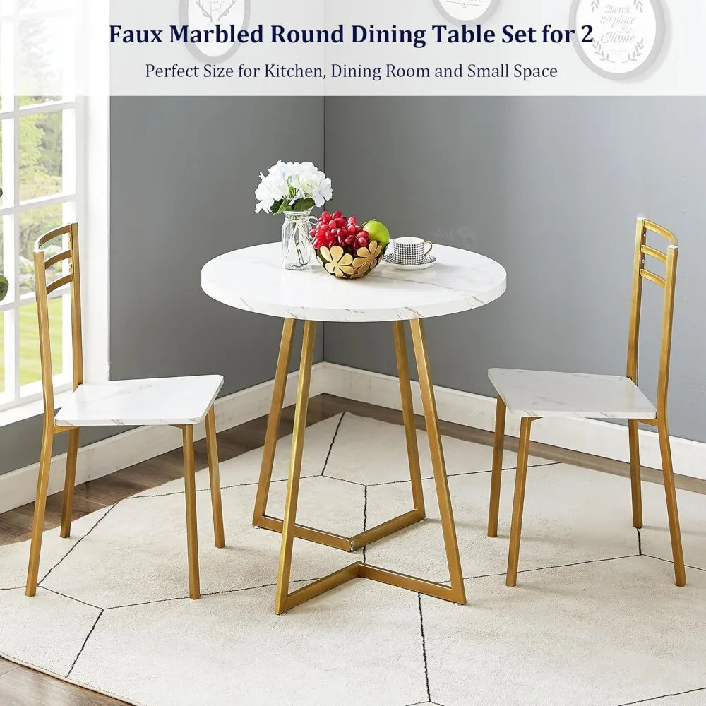 VECELO Small Round Dining Table Set for 2, Wood Marbled - My Special Palace