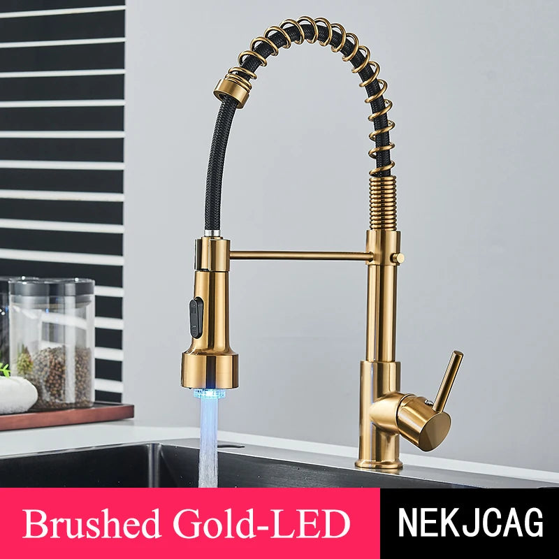 Kitchen Faucet Brushed Gold LED Light Pull-down spring Kitchen Sink Tap Hot Cold Water Mixer Single Handle Swivel Spout Crane - My Special Palace