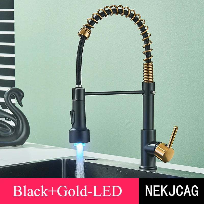 Kitchen Faucet Brushed Gold LED Light Pull-down spring Kitchen Sink Tap Hot Cold Water Mixer Single Handle Swivel Spout Crane - My Special Palace