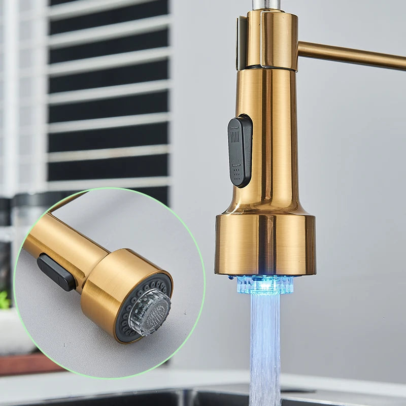 Kitchen Faucet Brushed Gold LED Light Pull-down spring Kitchen Sink Tap Hot Cold Water Mixer Single Handle Swivel Spout Crane - My Special Palace