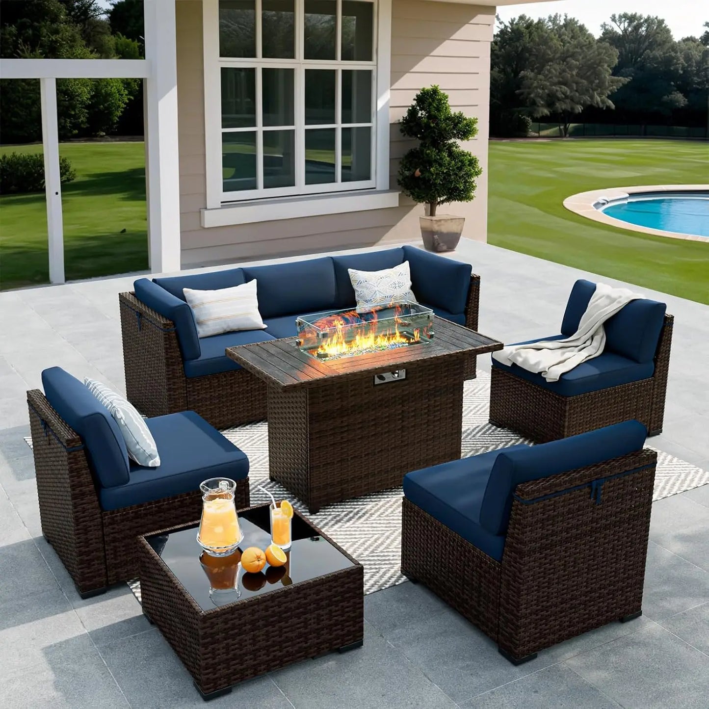 8pcs Outdoor Patio Furniture Set w/44" Fire Pit