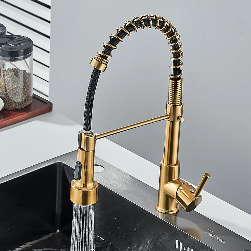 Kitchen Faucet Brushed Gold LED Light Pull-down spring Kitchen Sink Tap Hot Cold Water Mixer Single Handle Swivel Spout Crane - My Special Palace