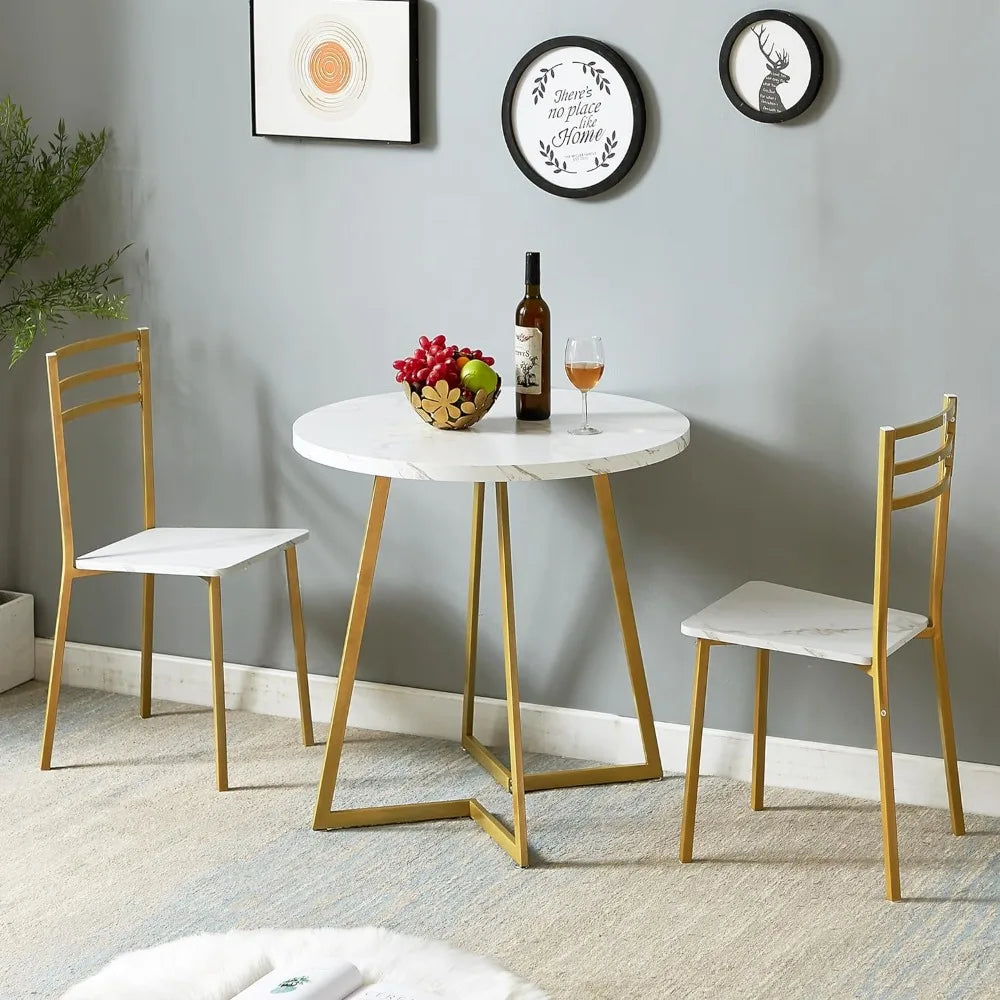 VECELO Small Round Dining Table Set for 2, Wood Marbled - My Special Palace