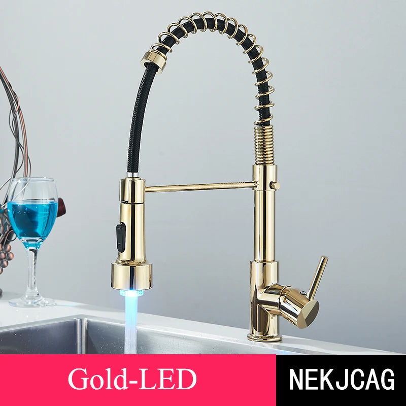 Kitchen Faucet Brushed Gold LED Light Pull-down spring Kitchen Sink Tap Hot Cold Water Mixer Single Handle Swivel Spout Crane - My Special Palace