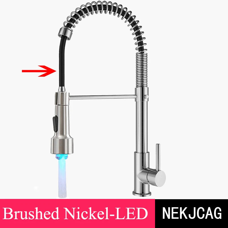 Kitchen Faucet Brushed Gold LED Light Pull-down spring Kitchen Sink Tap Hot Cold Water Mixer Single Handle Swivel Spout Crane - My Special Palace