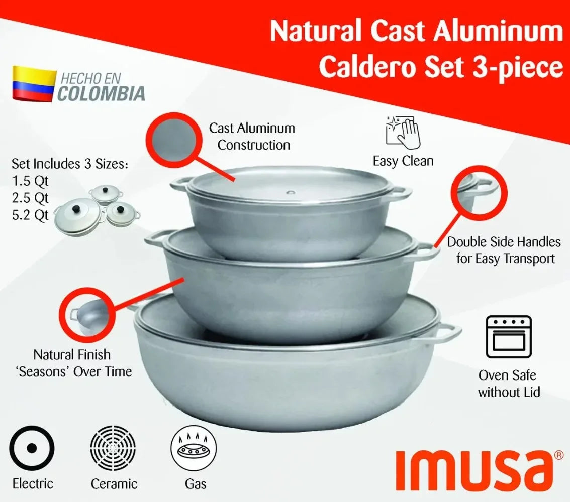 Imusa 3Pieces Colombian Cast Aluminum Caldero or Dutch Oven Set with Lid Non Stick Cookware Kitchen Dining Bar - My Special Palace