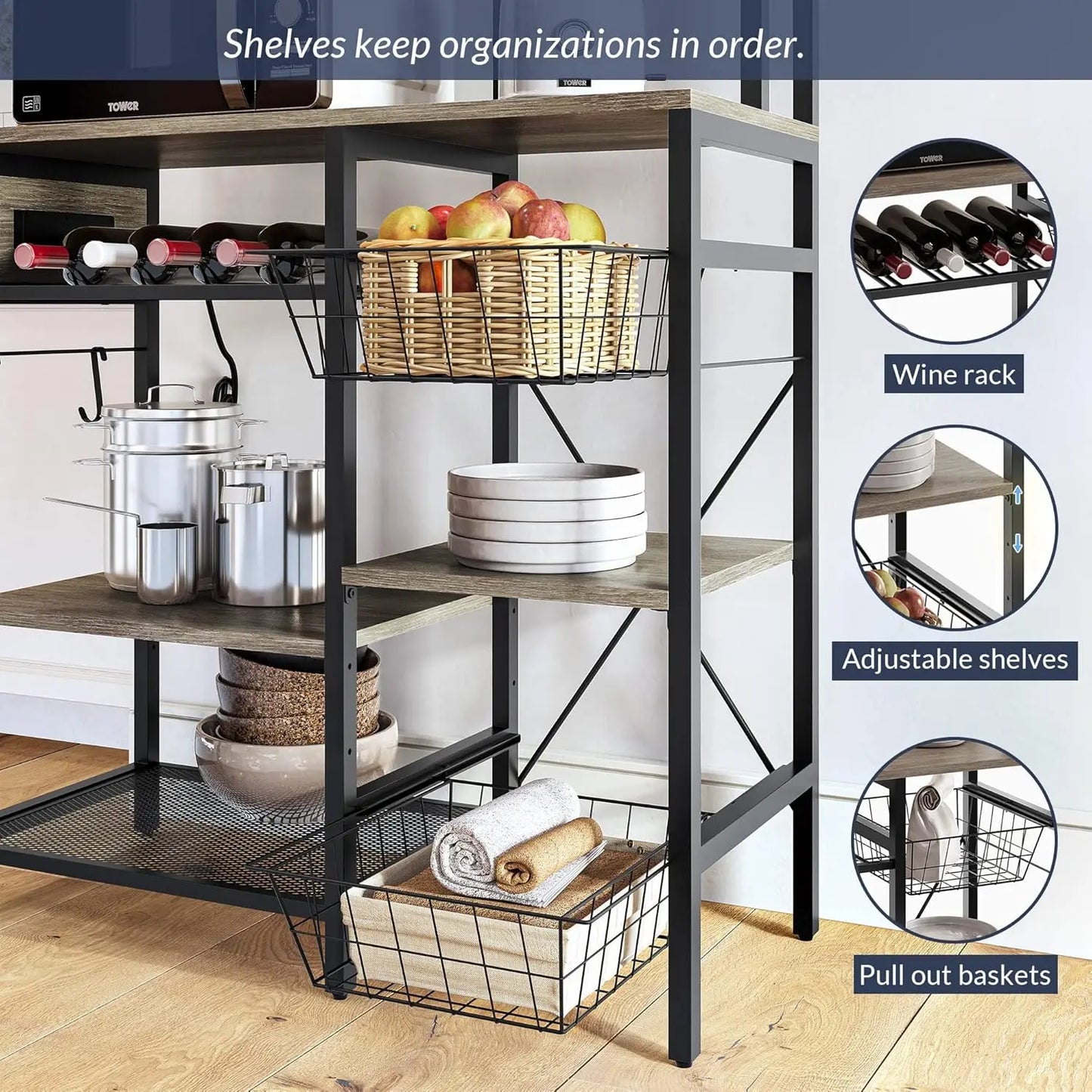 BELLEZE Kitchen Bakers Rack with Power Outlet, 7-Tier Coffee Bar Table, Microwave Stand with Storage, 10 Hooks & 2 Baskets - My Special Palace