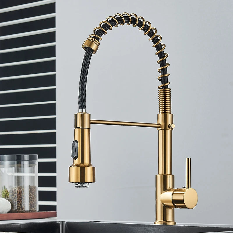 Kitchen Faucet Brushed Gold LED Light Pull-down spring Kitchen Sink Tap Hot Cold Water Mixer Single Handle Swivel Spout Crane - My Special Palace