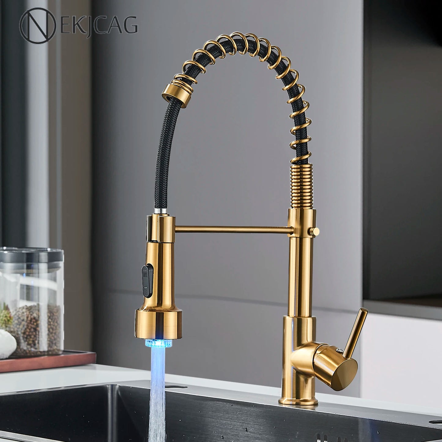 Kitchen Faucet Brushed Gold LED Light Pull-down spring Kitchen Sink Tap Hot Cold Water Mixer Single Handle Swivel Spout Crane - My Special Palace